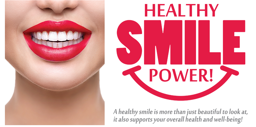 The image features a close-up of a person s face with red lipstick, and there s text overlaid on the image that reads  HEALTHY SMILE POWER.